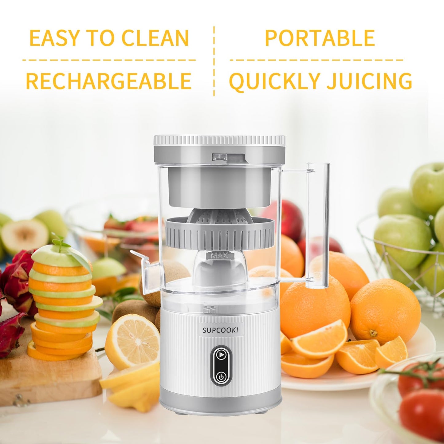 Electric Citrus Juicer, Rechargeable Juicer Machine with USB Cable and Cleaning Brush, Touch Button, Automatic Orange Lime Lemon Grapefruit Squeezer, Easy to Clean Portable Juicer, White