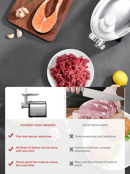 Electric Meat Grinder, 2600W Max Meat Grinders for Home Use, HOUSNAT 3 in 1 Heavy Duty Meat Mincer with 2 Blades and 3 Plates, Sausage Stuffer Tube & Kubbe Kit, Stainless Steel