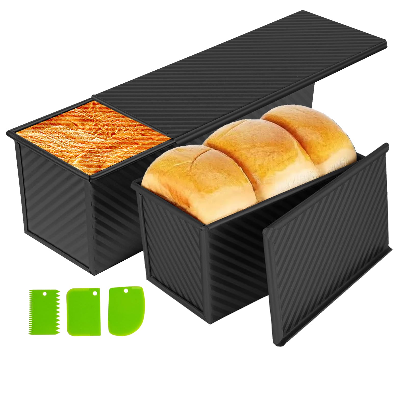 Upgrade Pullman Loaf Pan with Lid, Pullman Loaf Pan 2.2 LB/1 LB, 2 Pack Nonstick Sandwich Bread Pan, for Bread, Sandwiches, and Toast, Golden, Deep Side and Corrugated