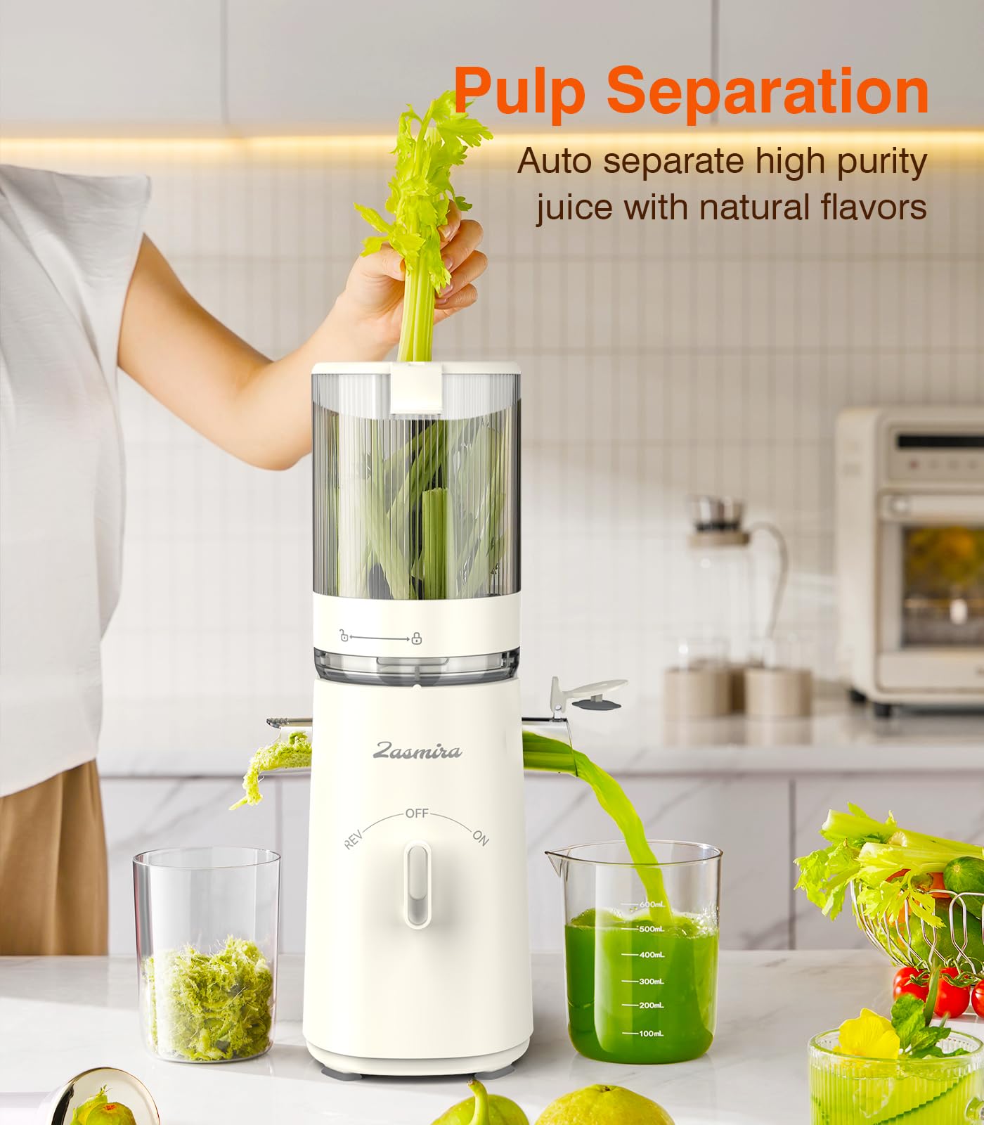 Cold Press Juicer, Updated Masticating Juicer Machines with 5" Feeding Chute Fit Whole Fruits &Vegetables, 99.6% Juice Purity, Streamlined Parts Easier to Clean/1.5L Capacity/2 Cups Included