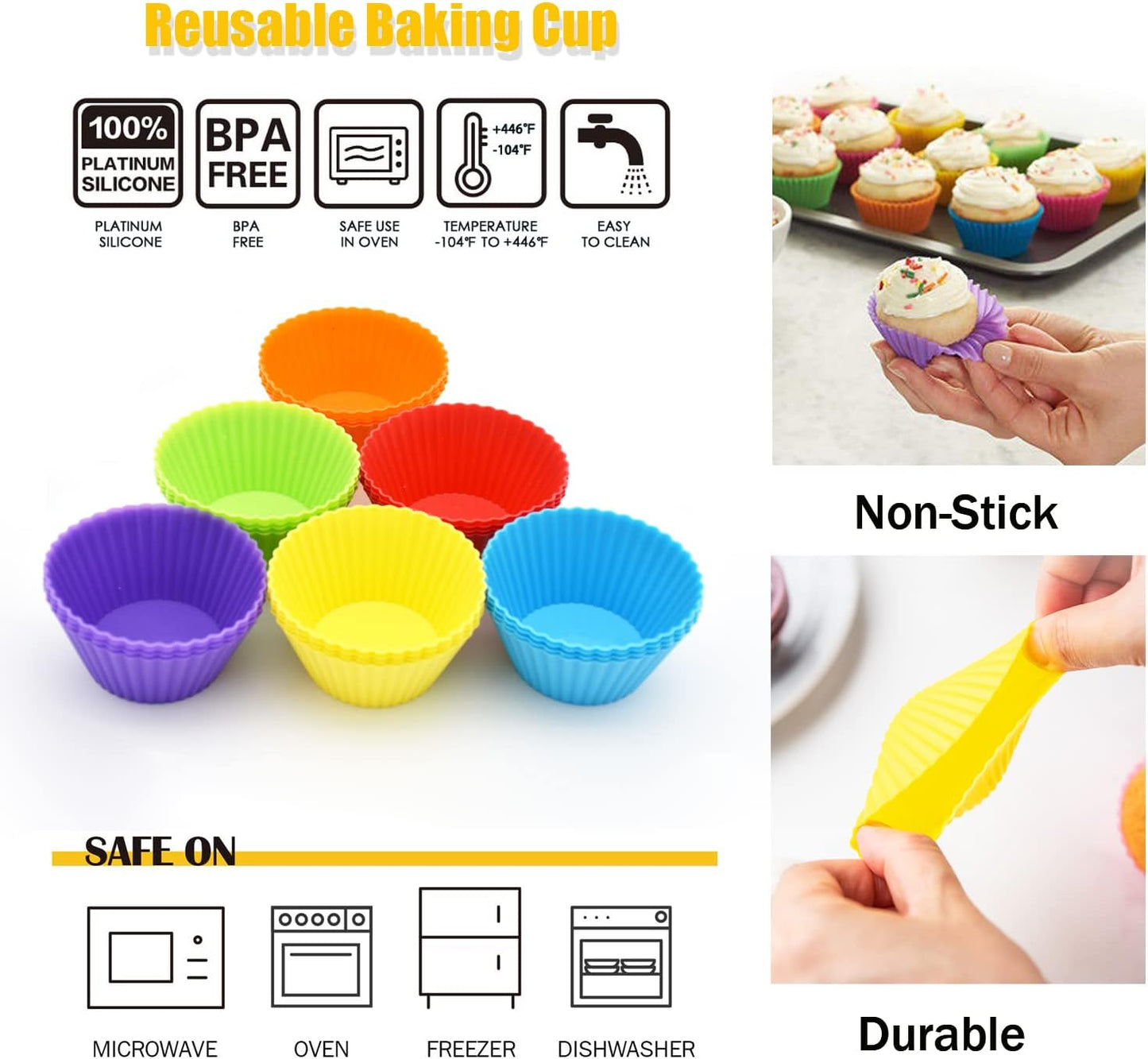 Silicone Cupcake Baking Cups 24 Pack, Reusable & Non-stick Muffin Cupcake Liners Holders Set for Party Halloween Christmas, Easy Clean Pastry Muffin Molds（Pack of 24,Multicolor）