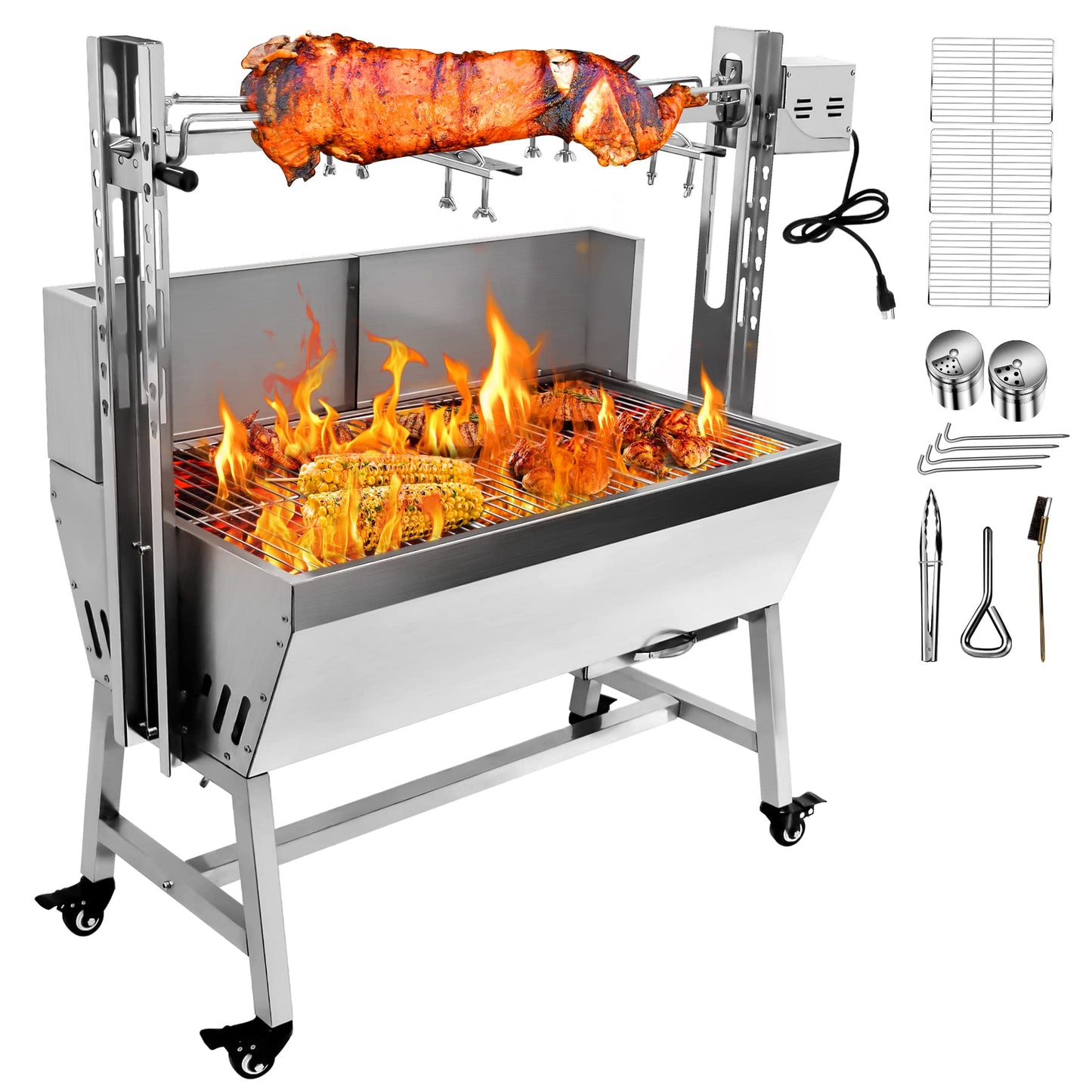 Migoda Stainless Steel Rotisserie Grill with Back Cover Guard, 25W Motor Small Pig Lamb Roaster, 37'' 2 in 1 BBQ Charcoal Rotisserie Grill for Camping Outdoor Kitchen