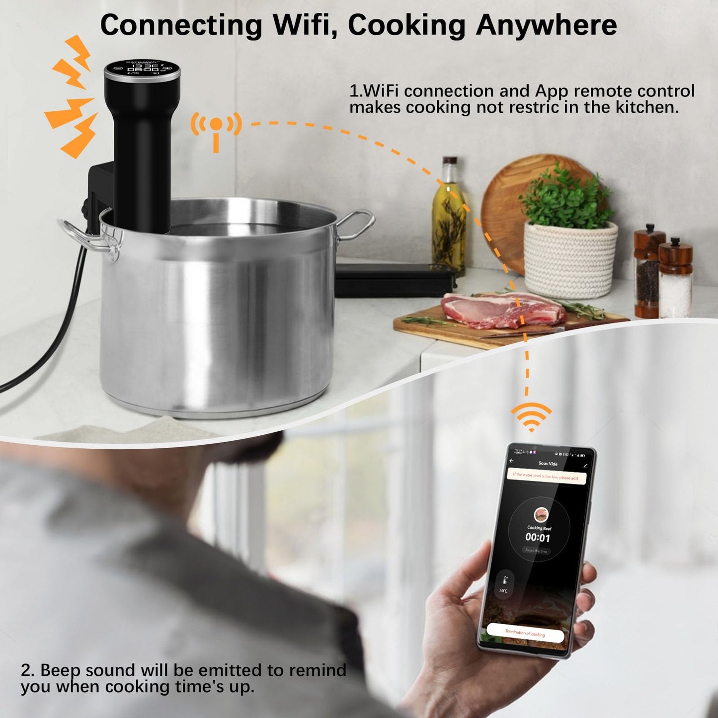 Sous Vide Machine Wi-Fi, Cattleman Cuisine Sous Vide Cooker, Immersion Circulator, Suvee Cooker Kit with 30 Vacuum Bags, Vacuum Pump, Cookbook, Accurate Temperature&Timer, 1000W, IPX7 Waterproof,