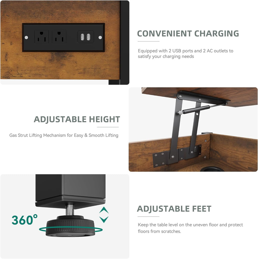 YITAHOME Lift Top Coffee Table with RGB Light, 3-in-1 Coffee Table with Power Outlets, Hidden & Open Storage, Adjustable Height, Wooden Dining Table for Living Room, Home Office, Brown