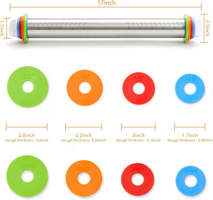 Rolling Pin with Thickness Rings, Fulimax 17" Adjustable Stainless Steel Rolling Pins for Baking, Dough Roller for Fondant Pizza, Pie, Pasta, Cookies, Cakes, Kitchen Baking Supplies