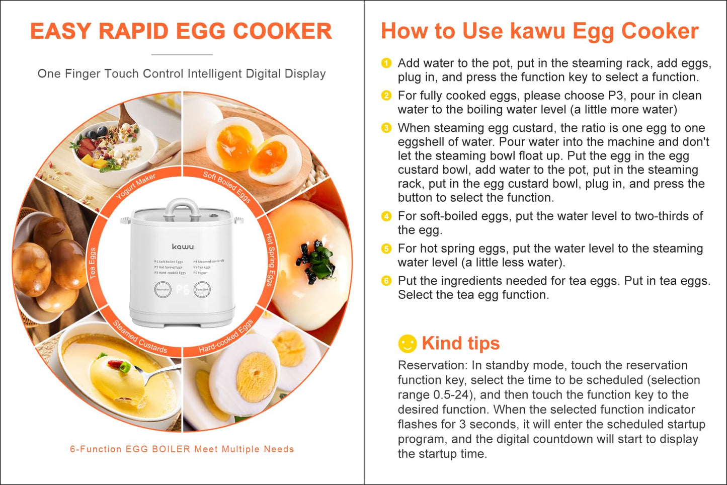 kawu Rapid Egg Cooker, 6-Function Egg Cooker for Hard Boiled Egg, Egg Boiler with Timer,Yogurt Maker,Boiled Egg Cooker for Hard Boiled Egg, Egg Cooker with Auto Shut Off &Alarm, Egg Cooker W/Bowl&Rack