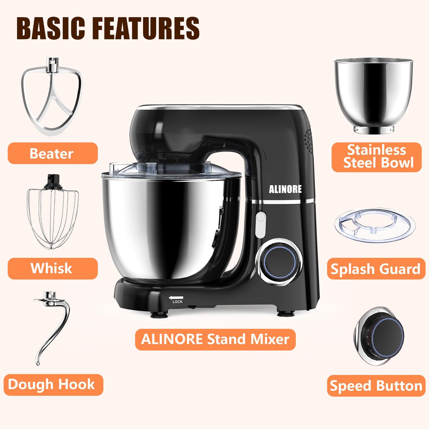 Alinore Stand Mixer, 6.5QT 660W 10-Speed Tilt-Head Electric Kitchen Stand Mixer, Food Mixer with Dishwasher-Safe Dough Hook, Egg Whisk, Flat Beater for Baking, Cake and Most Home Cooks (Black)