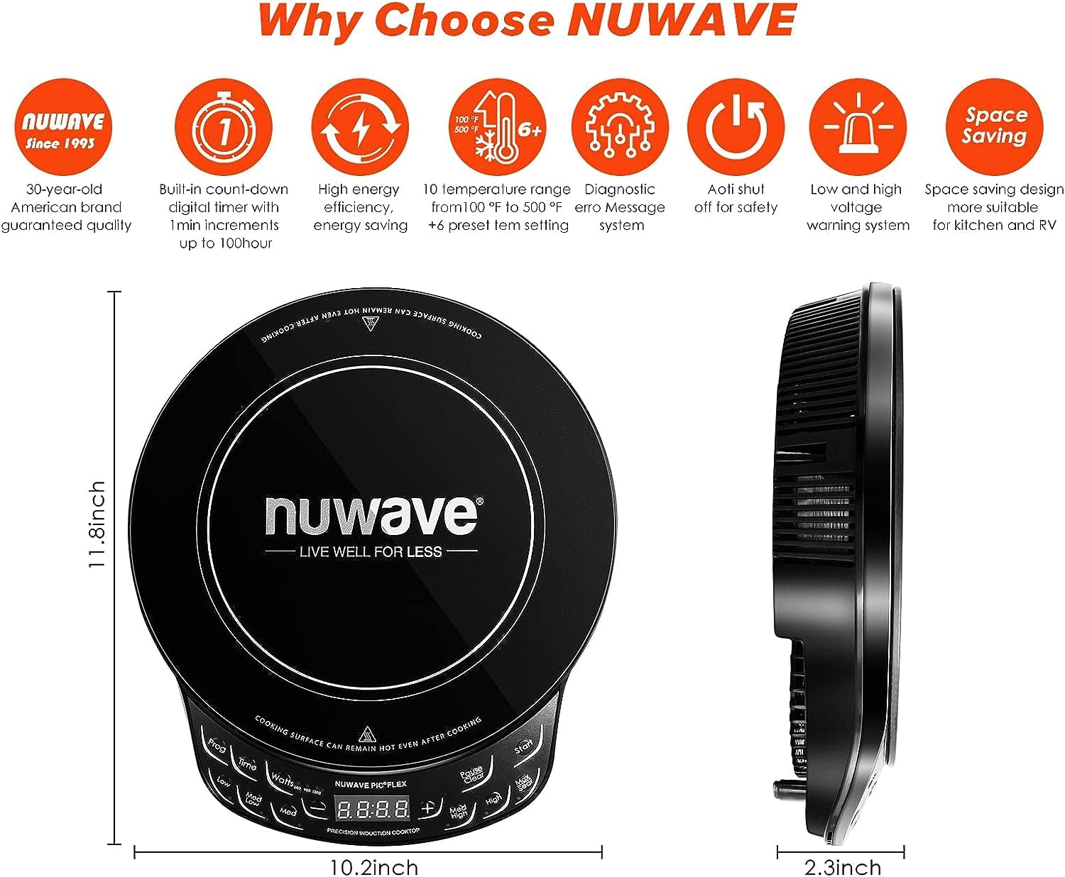 Індукційна варильна поверхня Nuwave Precision, ударостійке склокерамічне скло 10,25 дюйма, нагрівальна спіраль 6,5 дюйма, 45 температур від 100°F до 500°F, 3 режими потужності: 600, 900 та 1300 Вт