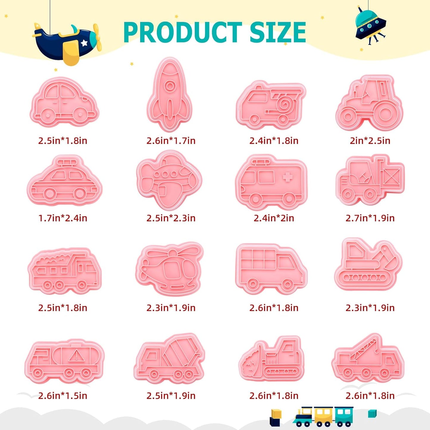 16 PCS Transportation Vehicle Cookie Cutters with Plunger Stamper, Car Cookie Mould Set, Transportation Theme Set Embossing Dies, Construction Vehicles Cookie Cutters Set for Fondant Cookies