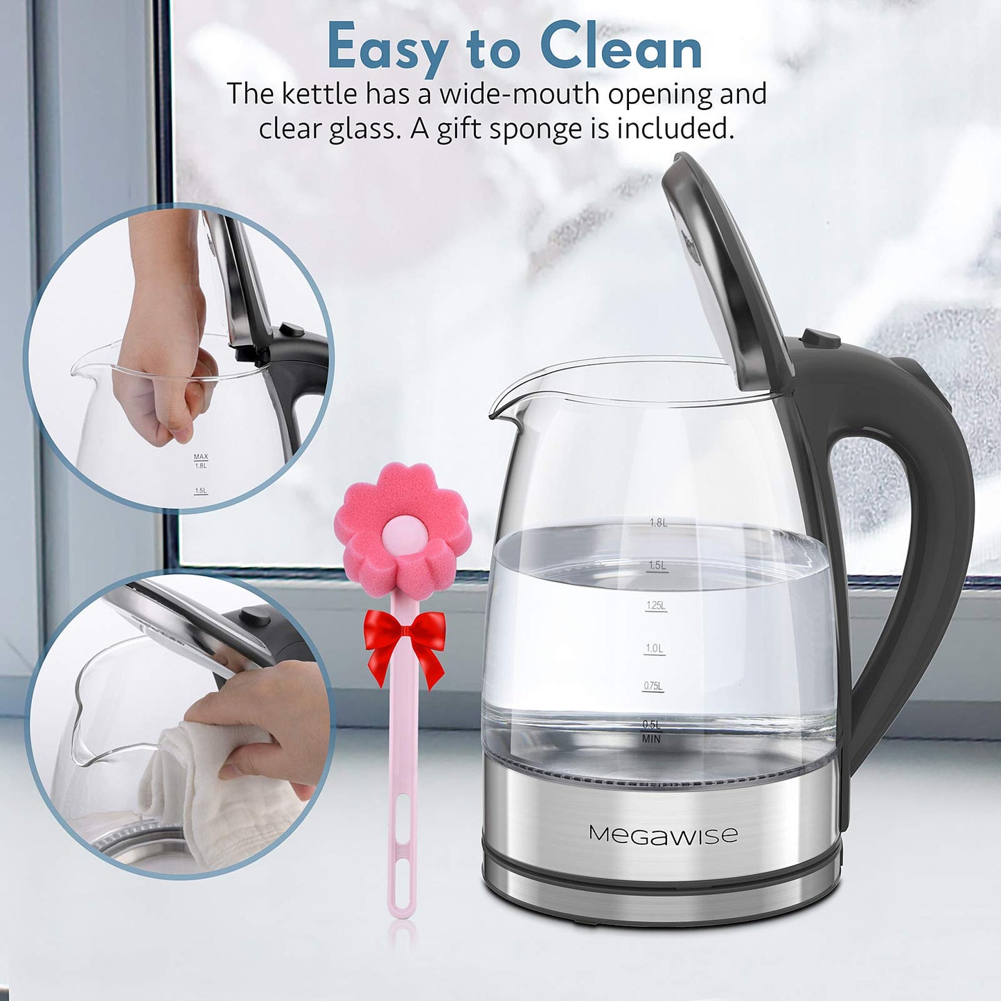 MegaWise Electric Kettle, 1.8L Borosilicate Glass Tea Kettle with LED Light, Auto Shut-Off and Boil-Dry Protection Cordless Kettle Fast Boiling