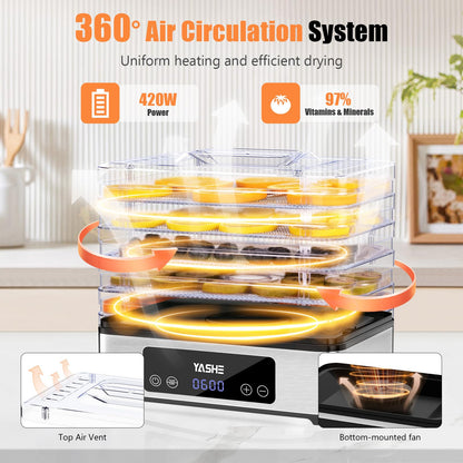 YASHE Food Dehydrator Machine, 5 Stainless Steel Trays Food Dryer, 48H Timer and Temperature Control, Recipes Book Included, 420W Dehydrators for Food and Jerky, Herbs, Meat, Fruit, Dog Treats