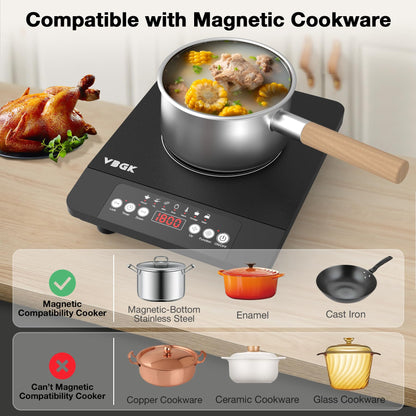 VBGK Portable induction Cooktop,110V Single Burner Induction Stove Top,1800W Induction Hot Plate Electric Burner,7 Power Levels, Kids Lock & Timer,LED touch control,Overheat Protection