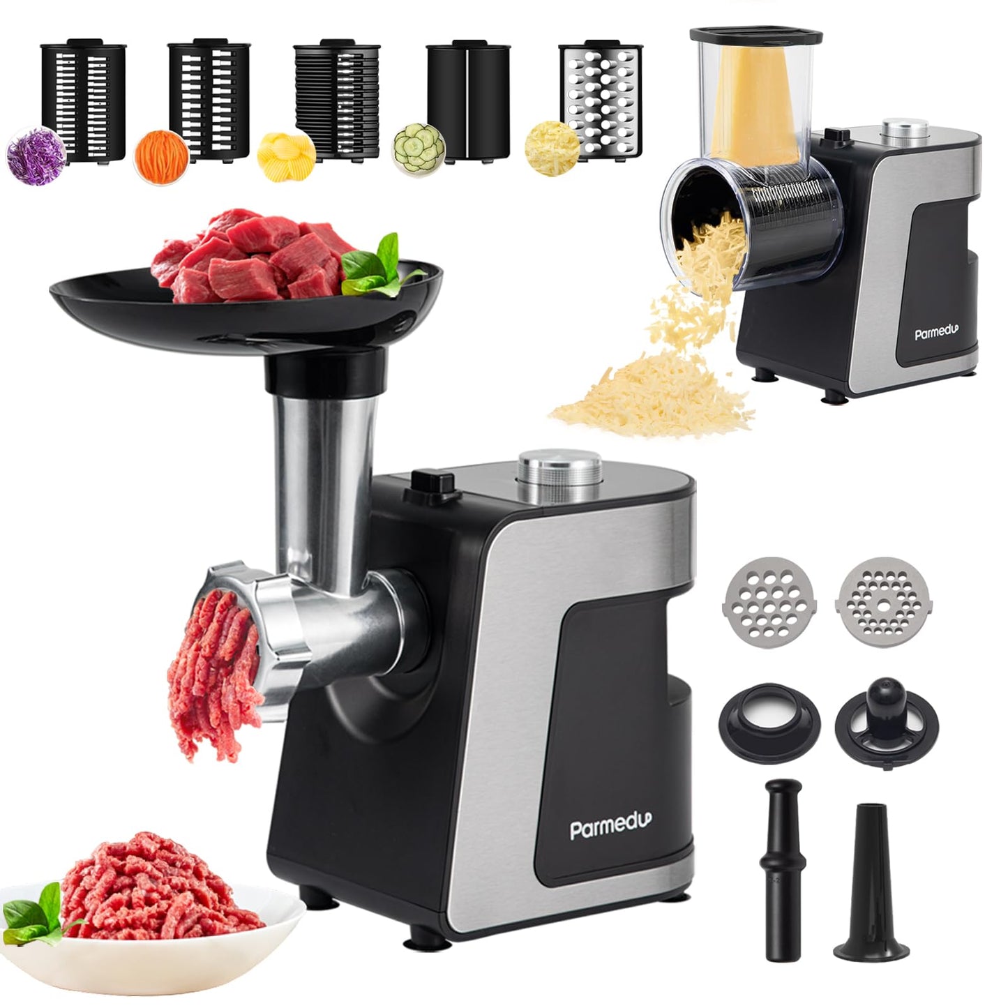 Parmedu Electric Cheese Grater & Meat Grinder: 2 in 1 Vegetable Cutter Veggie Slicer Vegetable Shredder Chopper Kitchen Grater Salad Maker Meat Mincer Sausage Maker & Kibbeh Kit (Total 12 Attachments)