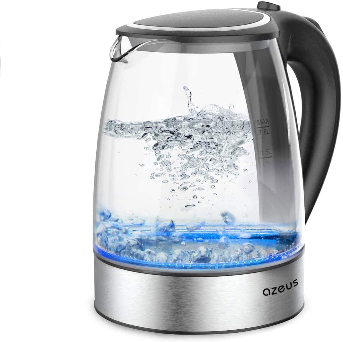 Електричний чайник AZEUS Fast Boil, велика ємність 1,8 л з автоматичним вимкненням та захистом від кипіння, боросилікатне скло та нержавіюча сталь без BPA