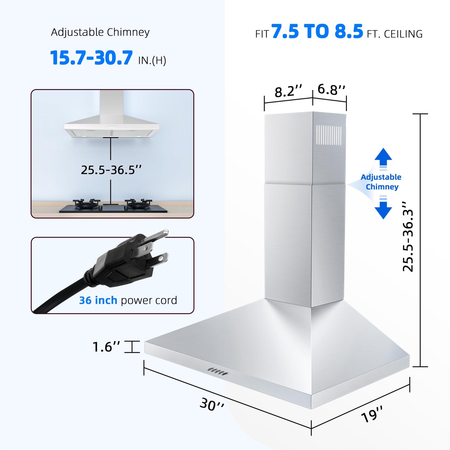 FIREGAS Range Hood 30 Inch, Stainless Steel Wall Mount Kitchen Hood 450 CFM with 3 Speed Exhaust Fan, Ducted/Ductless Convertible, Stove Vent Hood for Kitchen with Aluminium Mesh and Charcoal Filters