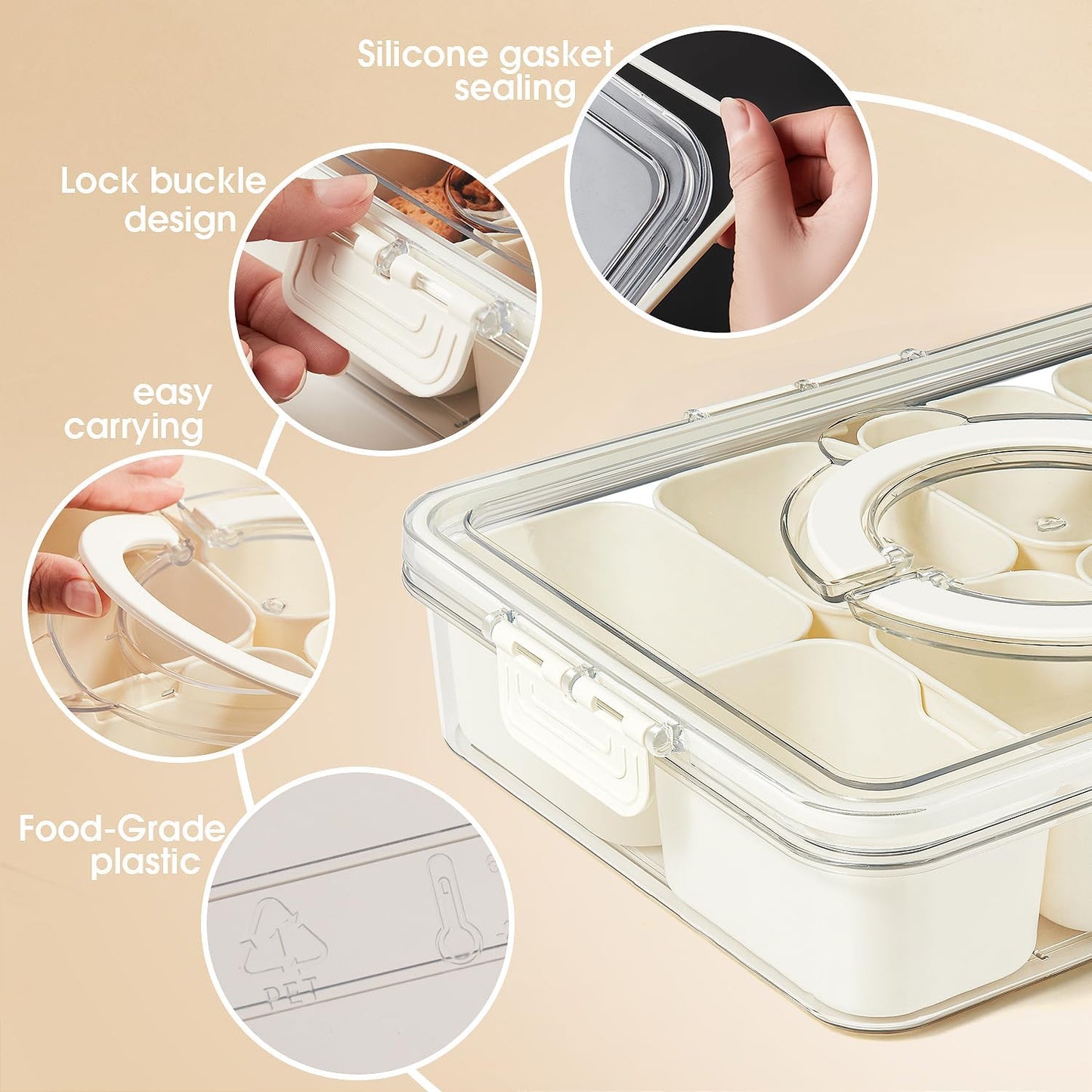 Snackle Box Container Divided Serving Platters with Lid and Handle Divided Snackle for Portable Snack Box Container Tray Perfect for Candy Fruit and Treats