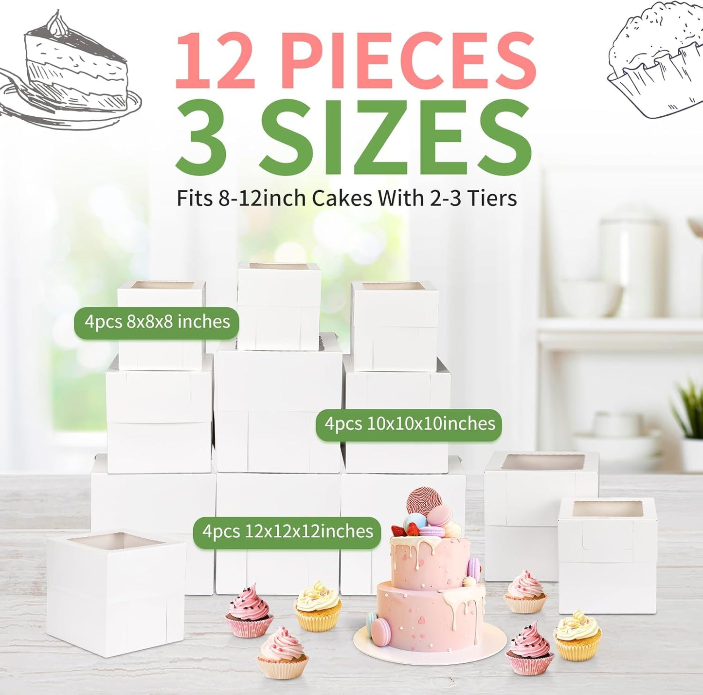 Moretoes 12 Pcs Cake Box, Tall Cake Boxes with Window in 3 Sizes 12x12x12 10x10x10 8x8x8 Inches, Bakery Boxes Disposable Carrier Take Out Container, 2 or 3 Tier for Valentine's Day Mother's Day