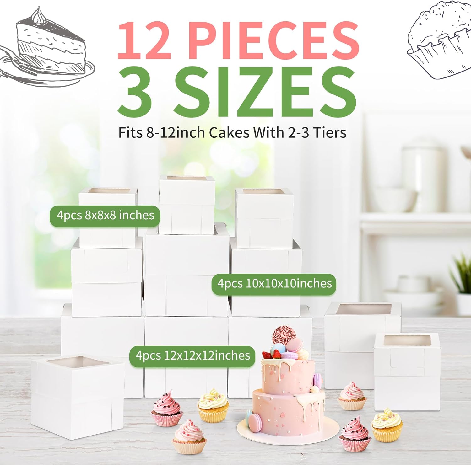 Moretoes 12 Pcs Cake Box, Tall Cake Boxes with Window in 3 Sizes 12x12x12 10x10x10 8x8x8 Inches, Bakery Boxes Disposable Carrier Take Out Container, 2 or 3 Tier for Valentine's Day Mother's Day