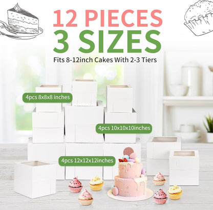 Moretoes 12 Pcs Cake Box, Tall Cake Boxes with Window in 3 Sizes 12x12x12 10x10x10 8x8x8 Inches, Bakery Boxes Disposable Carrier Take Out Container, 2 or 3 Tier for Valentine's Day Mother's Day