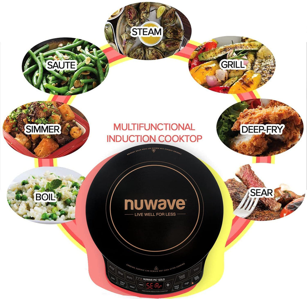 Kuchenka indukcyjna Nuwave Gold Precision, przenośna, duża 8-calowa cewka grzewcza, 12-calowa powierzchnia ze szkła ceramicznego odpornego na stłuczenie, 51 ustawień temperatury od 100°F do 575°F, 3 ustawienia mocy 600, 900 i 1500 watów (odnowiona)