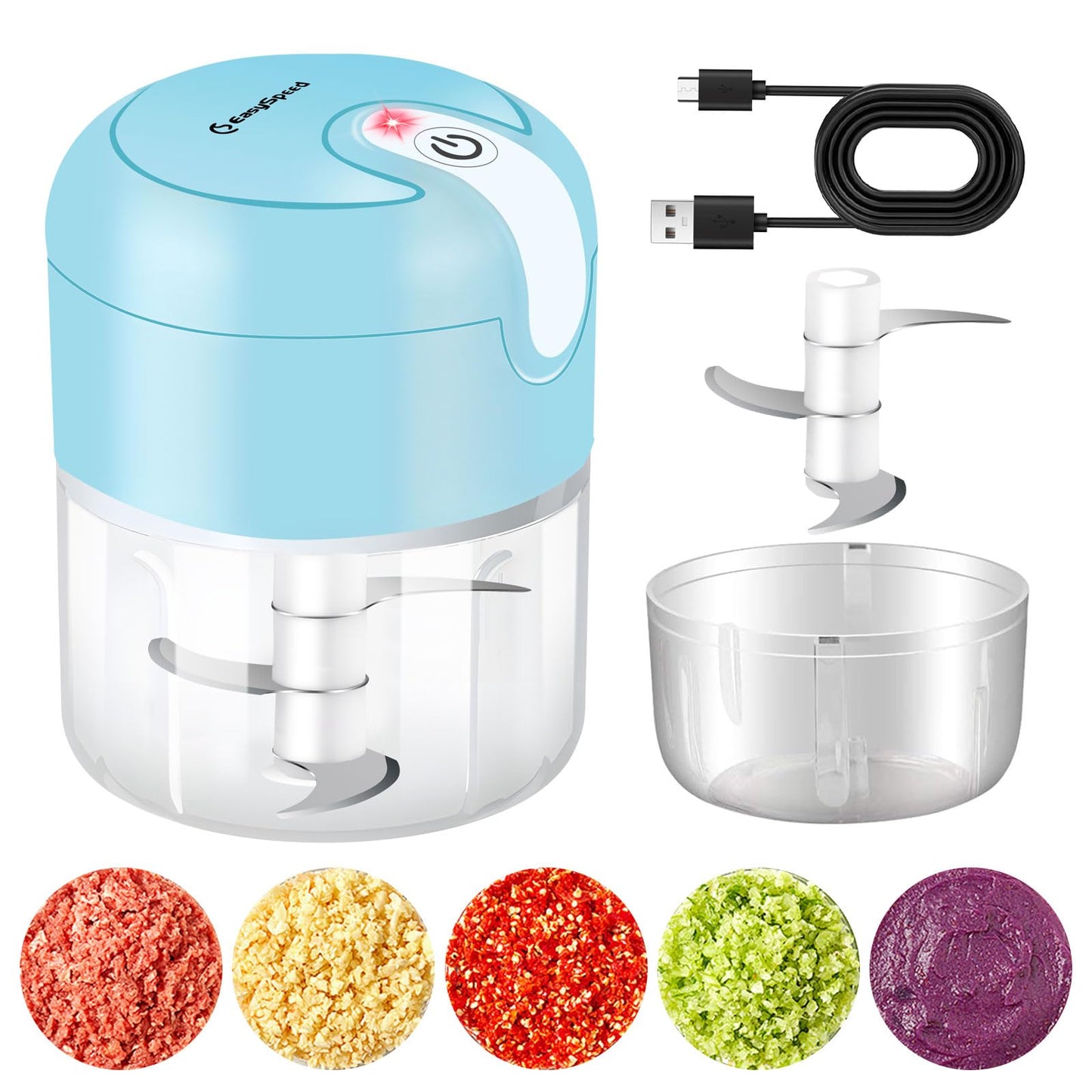 EASYSPEED Electric Garlic Chopper 1Cup, Mini USB Charging Wireless Food Processor with 304 Stainless Steel Blades, Portable Kitchen Meat Grinder for Onion, Garlic, Ginger, Chili, Fruit, Baby Food