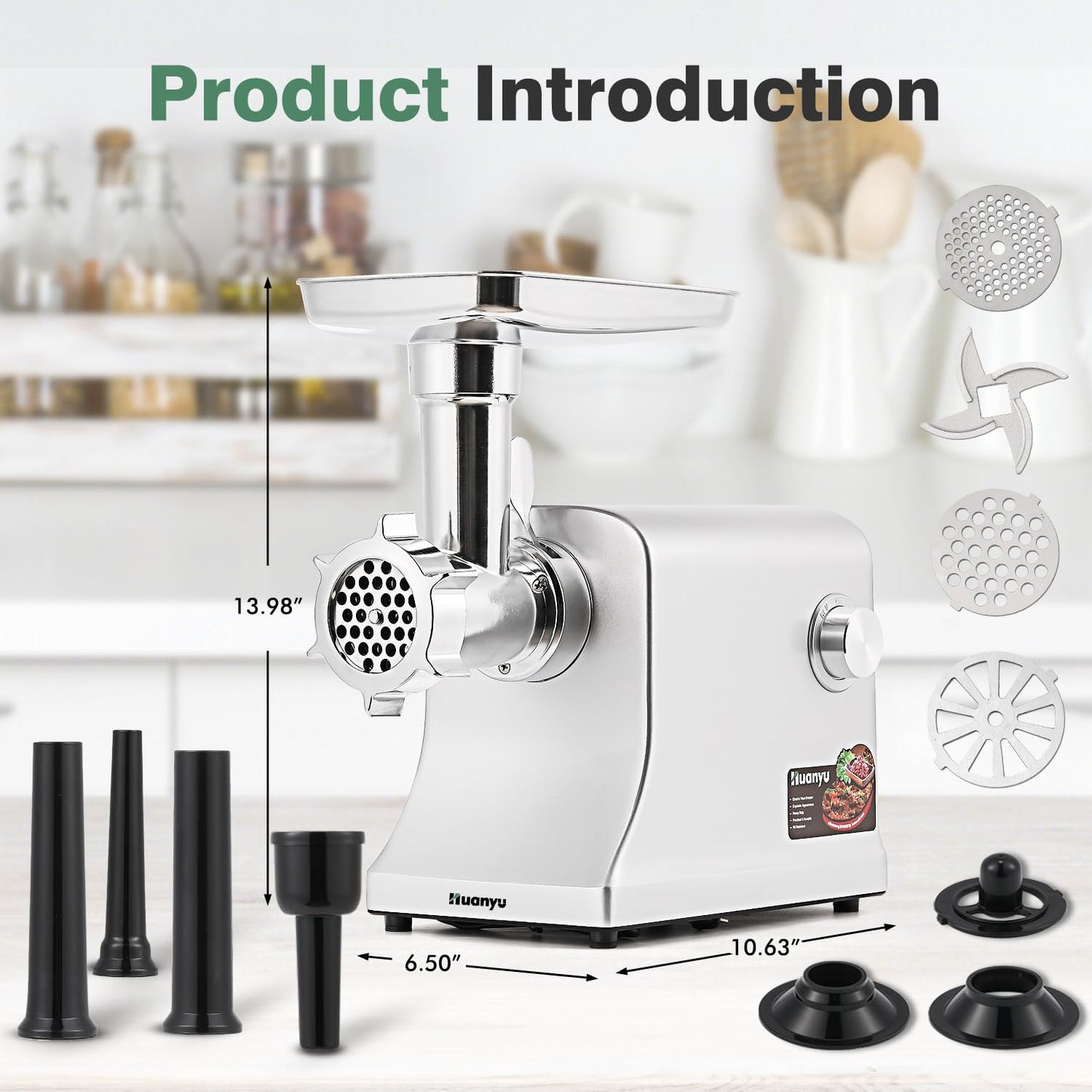 Huanyu Meat Grinder Electric 2800W Max Meats Mincer with Stainless Steel Blade&3 Plates, 3 Sausage Stuffers, Kubbe Kits Heavy Duty Food Grinding Machine for Home Kitchen & Commercial Using