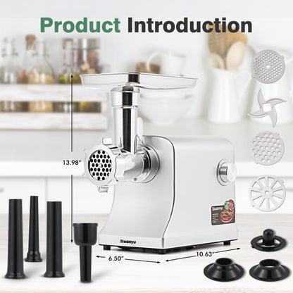 Huanyu Meat Grinder Electric 2800W Max Meats Mincer with Stainless Steel Blade&3 Plates, 3 Sausage Stuffers, Kubbe Kits Heavy Duty Food Grinding Machine for Home Kitchen & Commercial Using