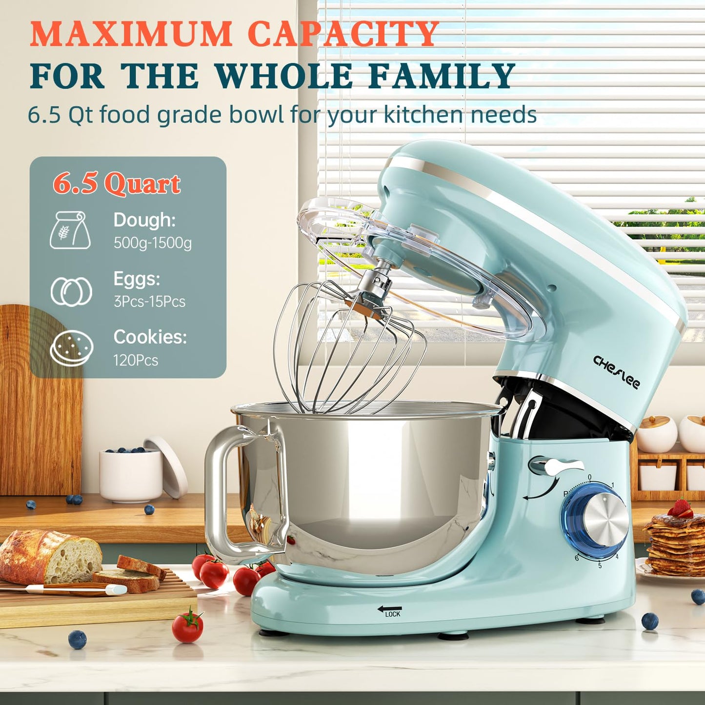 CHeflee Stand Mixer,600W 6+P With 6.5QT Stainless Steel Bowl,Dough Hook, Wire Whip & Beater,for Most Home Cooks,Blue