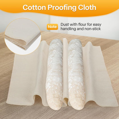 Baguette Bread Pan, Perforated French Bread Baking Pan, Nonstick 3 Loaf Bread Pans for Baking, with Baguette Kit – Includes Proofing Cloth & Dough Cutter, 15x11 Inch Gold