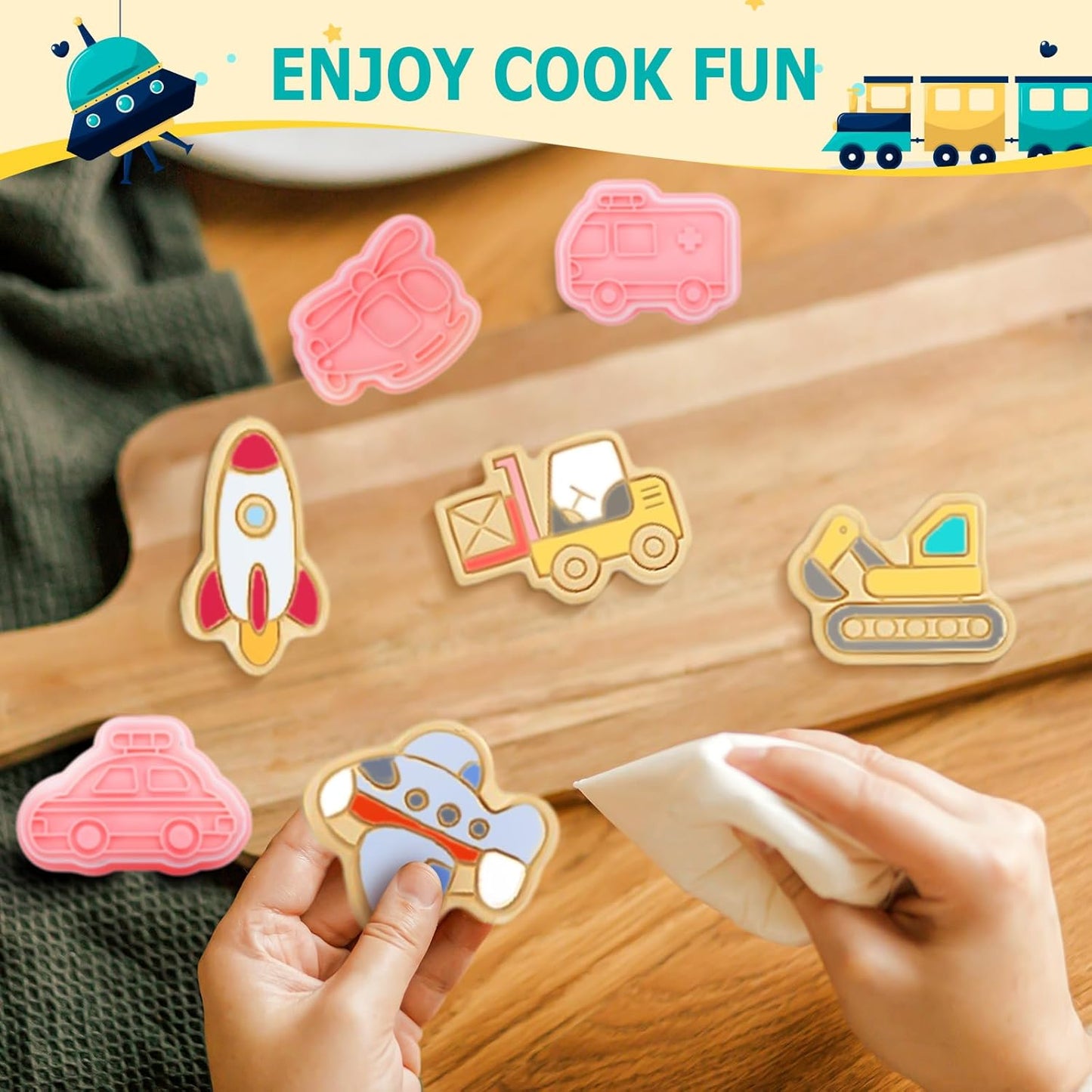16 PCS Transportation Vehicle Cookie Cutters with Plunger Stamper, Car Cookie Mould Set, Transportation Theme Set Embossing Dies, Construction Vehicles Cookie Cutters Set for Fondant Cookies