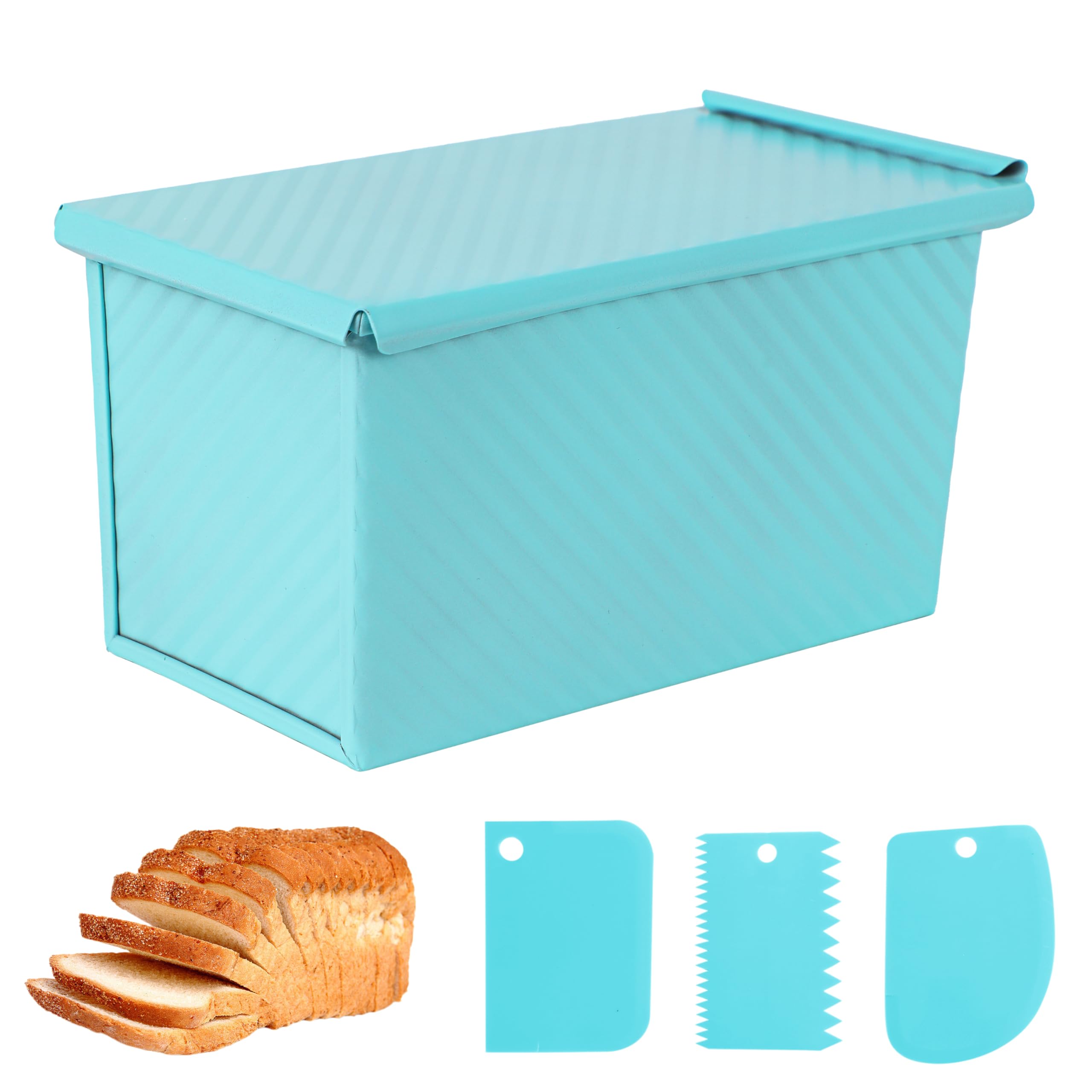 Pullman Loaf Pan with Lid, 1Pound Dough Capacity Rectangular Bread Pan, Non-Stick Long Bread Pans for Homemade Bread, 9x4inch Pullman Loaf Pan with Dough Scraper Cutter for Sandwich Bread
