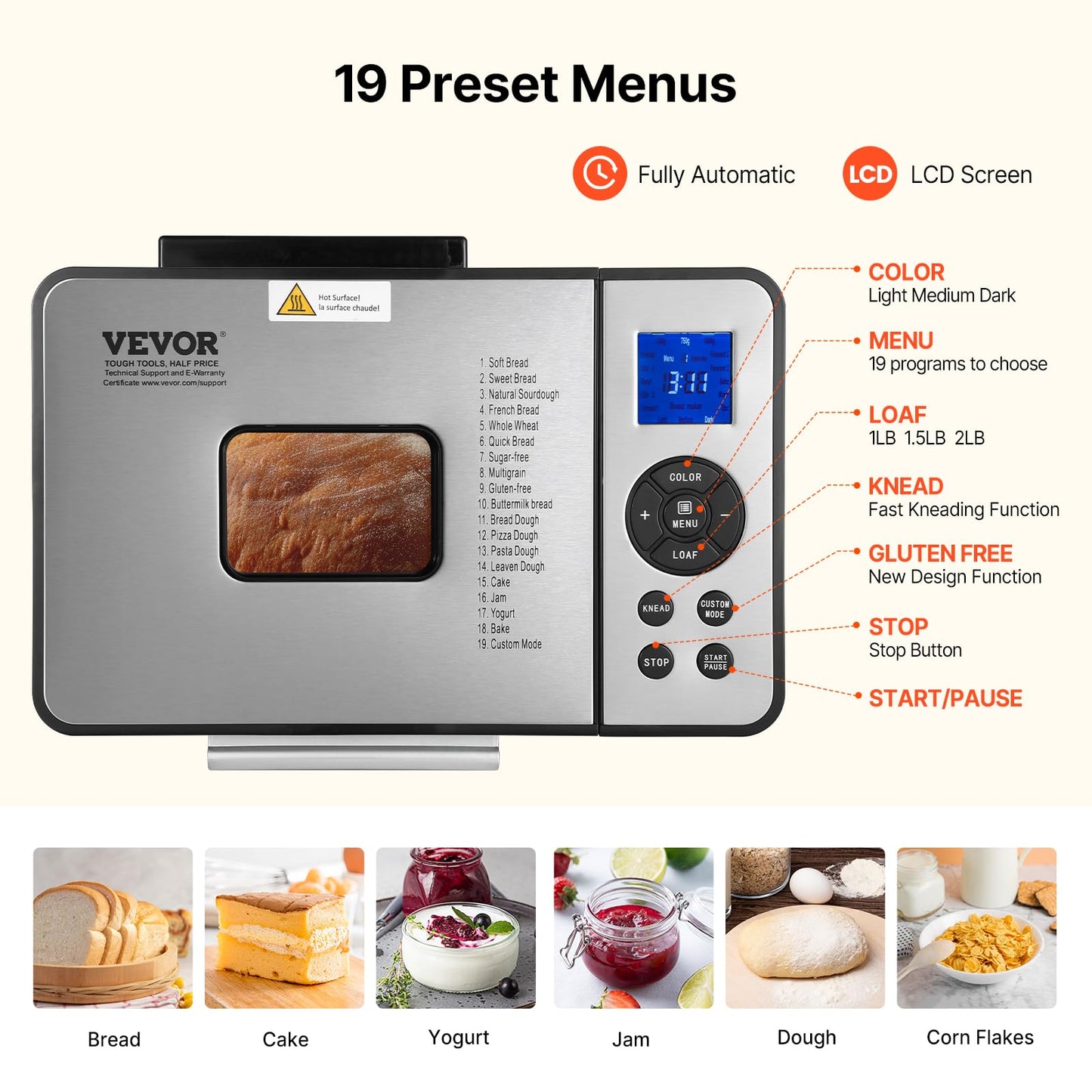 VEVOR Bread Maker, 19-in-1 2LB Dough Machine, Nonstick Ceramic Pan Automatic Breadmaker with Gluten Free Setting, Whole Wheat Bread Making, Digital, Programmable, 3 Loaf Sizes, 3 Crust Colors