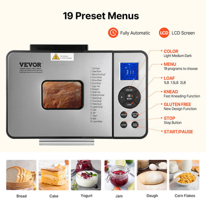 VEVOR Bread Maker, 19-in-1 2LB Dough Machine, Nonstick Ceramic Pan Automatic Breadmaker with Gluten Free Setting, Whole Wheat Bread Making, Digital, Programmable, 3 Loaf Sizes, 3 Crust Colors