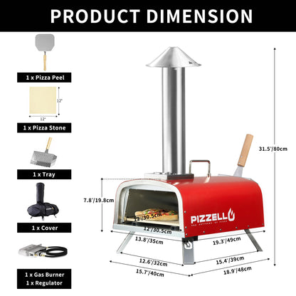 PIZZELLO 12" Outdoor Pizza Oven Propane and Wood Fired Pizza Maker Multi-Fuel Pizza Ovens with Gas Burner, Wood Tray, Stone, Pizza Peel, Cover, Forte Gas (Red)