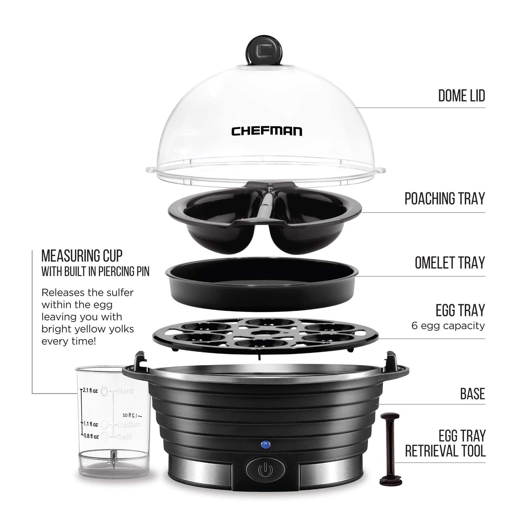 Chefman Egg-Maker Rapid Poacher, Food & Vegetable Steamer, Quickly Makes Up to 6, Hard, Medium or Soft Boiled, Poaching/Omelet Tray Included, Ready Signal, BPA-Free, BLACK