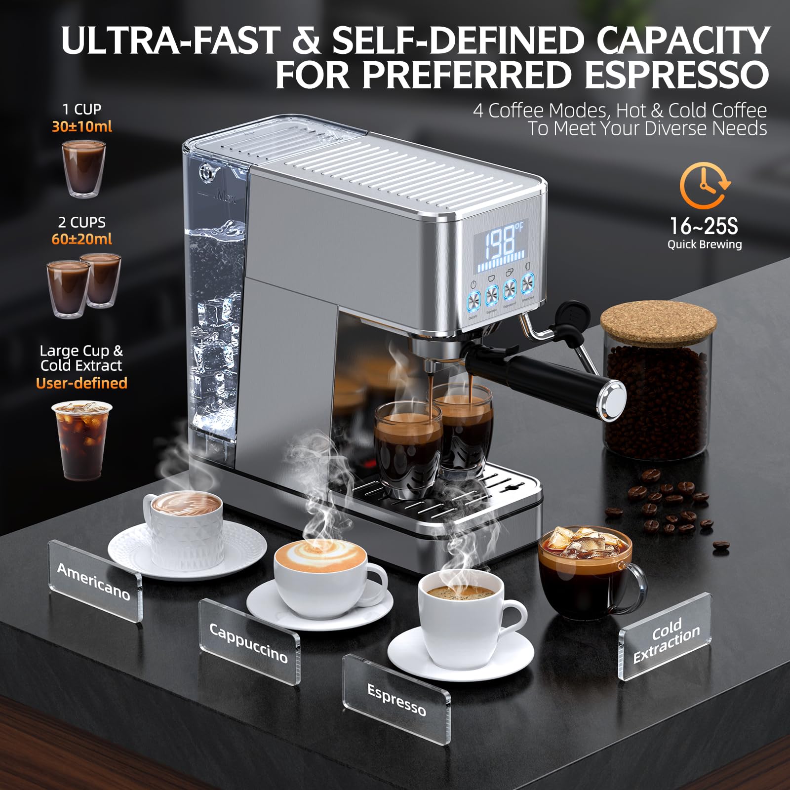 LERTIN Espresso Machine, 20Bar Compact Stainless Espresso Maker, With Milk Frother Steam Wand, 57.5OZ Removable Water Tank, Displays Making Time & Water Temperature, Cold Brew & Cappuccino, Silver