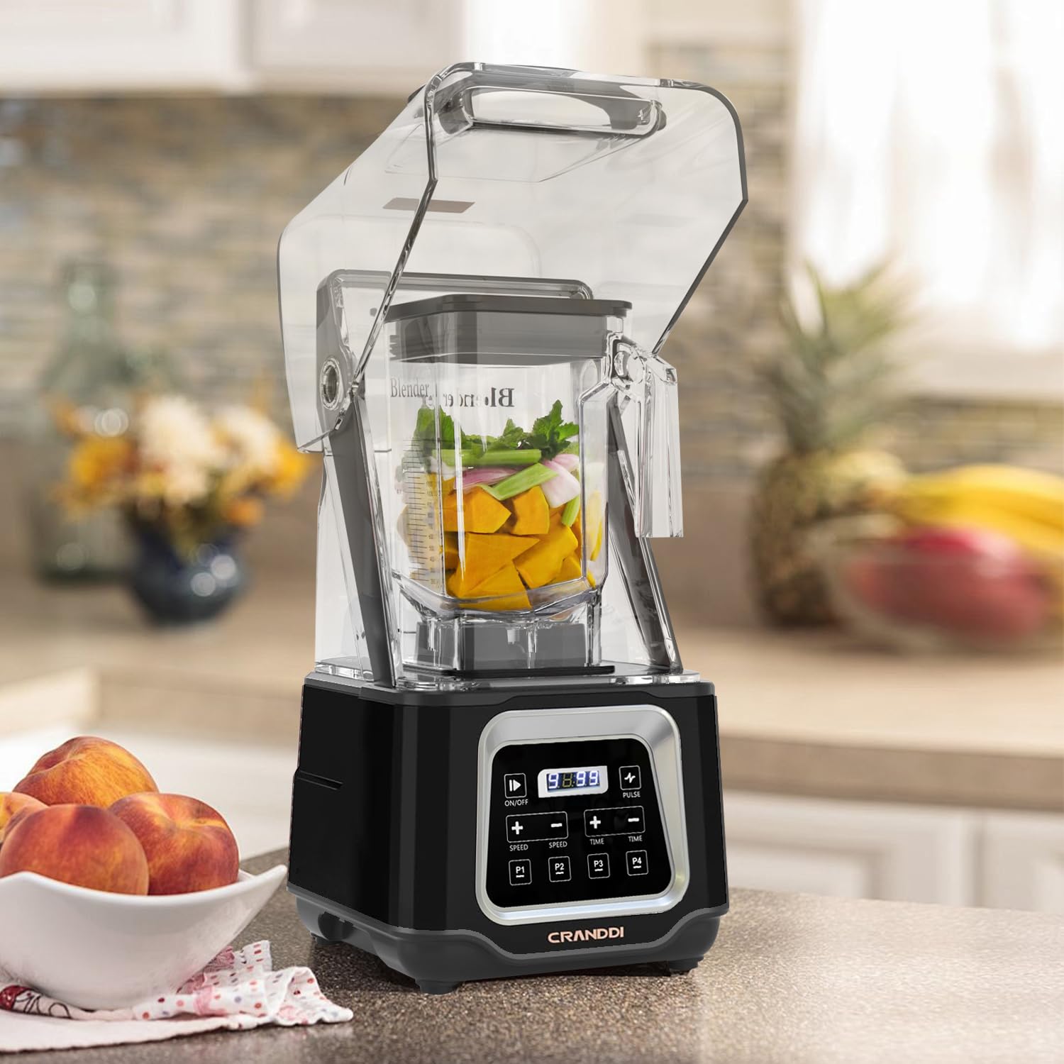 CRANDDI Smart Blender цифровий сенсорний екран зі знімною кришкою, тихий блендер потужністю 2200 Вт із захистом від вологи, комерційний блендер об'ємом 52 унції з 4 програмами для соків, смузі, заморожених напоїв тощо, K80TS, чорний