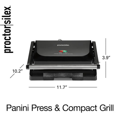 Proctor Silex Panini Press Sandwich Maker and Electric Indoor Grill, 1000 watts, Easy Clean Nonstick Grids, Compact Upright Storage, Black (25440PS)