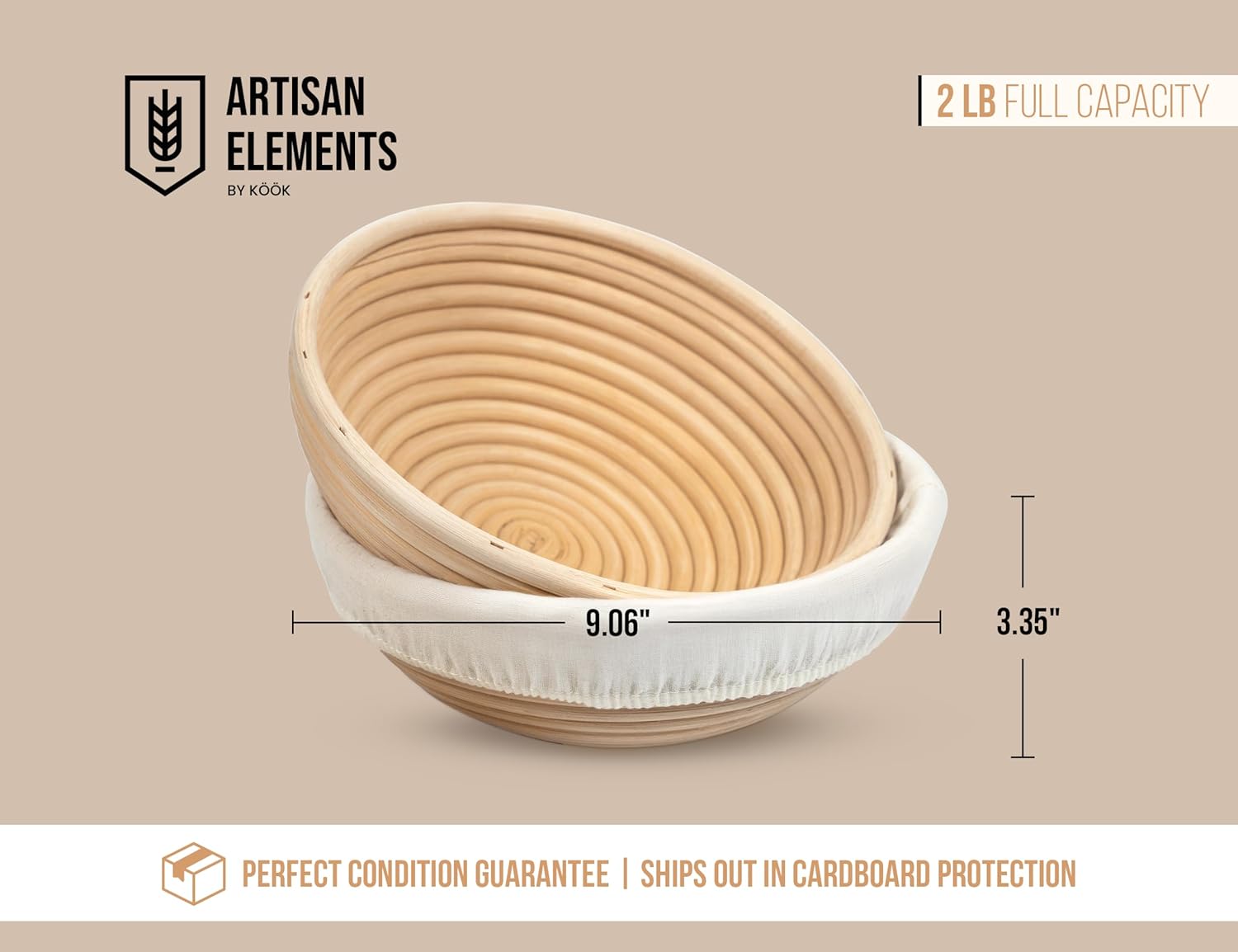 Banneton Bread Proofing Basket, Kook, Sourdough Proofing Bread Basket, Bread Banneton Proofing, Artisan Sourdough Making Baskets, 9 Inch Rattan Baskets and Cloth Liners, Set of 2, Round