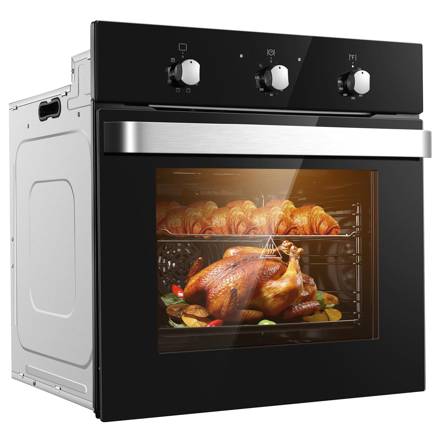 Zomagas Wall Ovens 24 inch, Built-in Single Wall Ovens, Electric Convection Wall Oven with Rotisserie, 8 Cooking Functions, 2900W,240V,2.15Cu.f Mechanical Knobs Control, Black Tempered Glass Finish