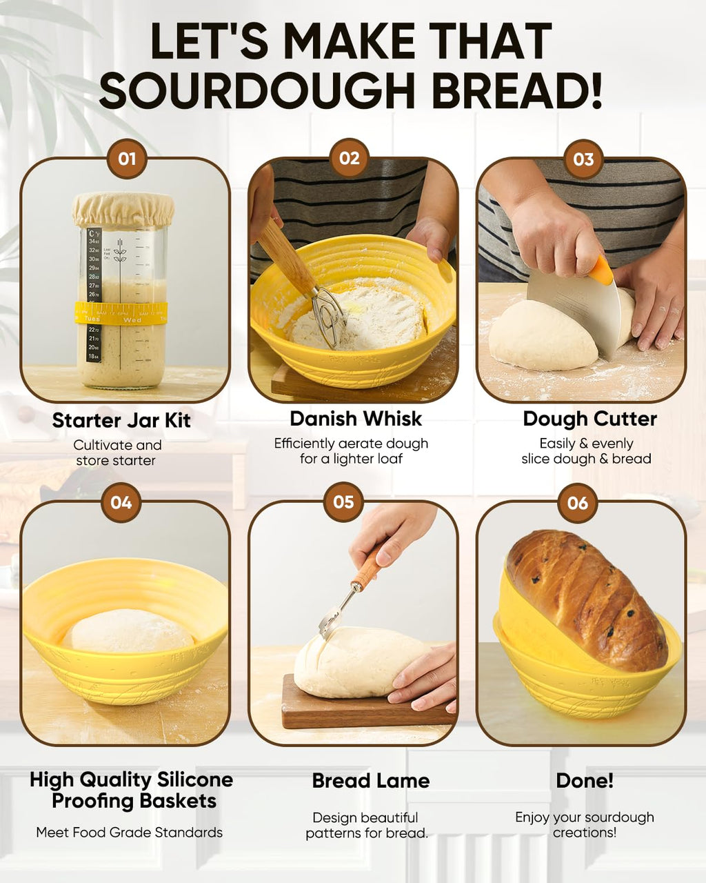 Sourdough Bread Baking Supplies 34 OZ Sourdough starter kit with 2 Bread Proofing Basket - Yellow
