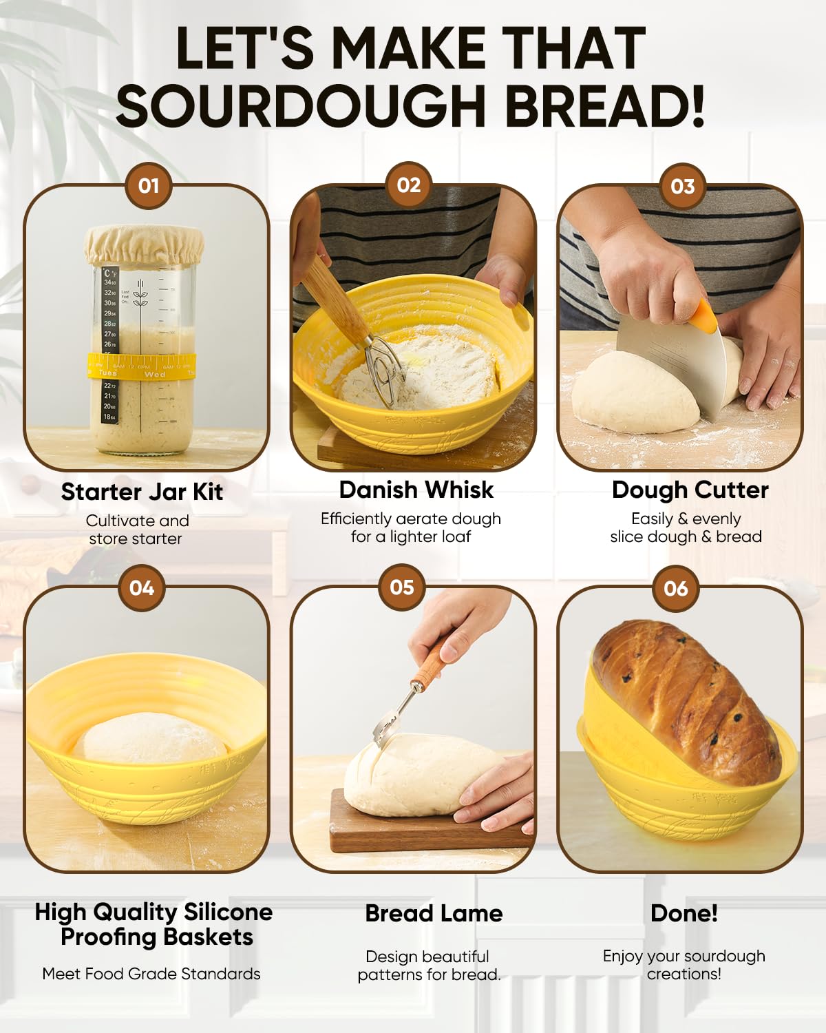 Sourdough Bread Baking Supplies 34 OZ Sourdough starter kit with 2 Bread Proofing Basket - Yellow