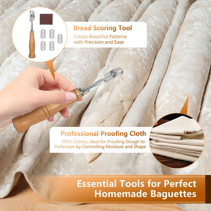 Baguette Pans 15" x 11", 3 Loaf Nonstick Baguette Baking Tray for French & Italian Bread with Proofing Cloth, Scoring Tool & 50pcs Parchment Paper, Home Bread Baking Supplies Kit