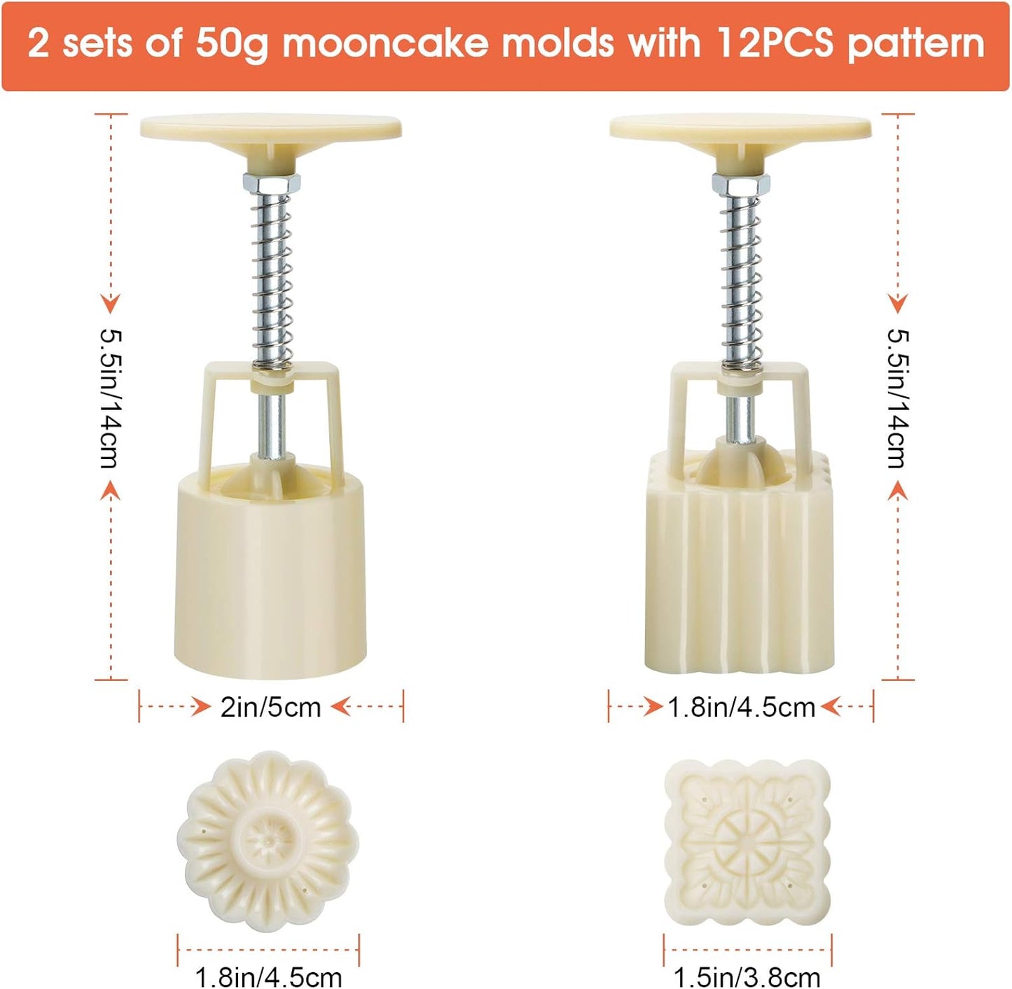 Luxiv Moon Cake Mould 50g, 12 PCS Pattern Hand-Pressure Mooncake Molds for Mid-Autumn DIY Pastry Tool 2 Sets with 6pcs Round Flower Mooncake Mode and 6 Pcs Square Pattern Mooncake Mould (White, 50g)