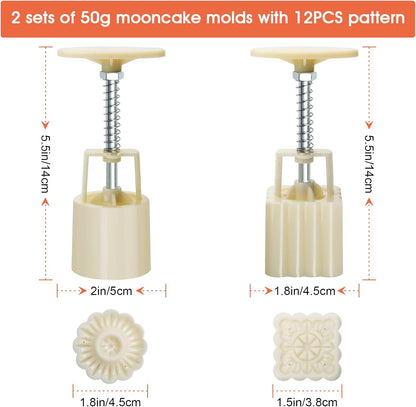 Luxiv Moon Cake Mould 50g, 12 PCS Pattern Hand-Pressure Mooncake Molds for Mid-Autumn DIY Pastry Tool 2 Sets with 6pcs Round Flower Mooncake Mode and 6 Pcs Square Pattern Mooncake Mould (White, 50g)