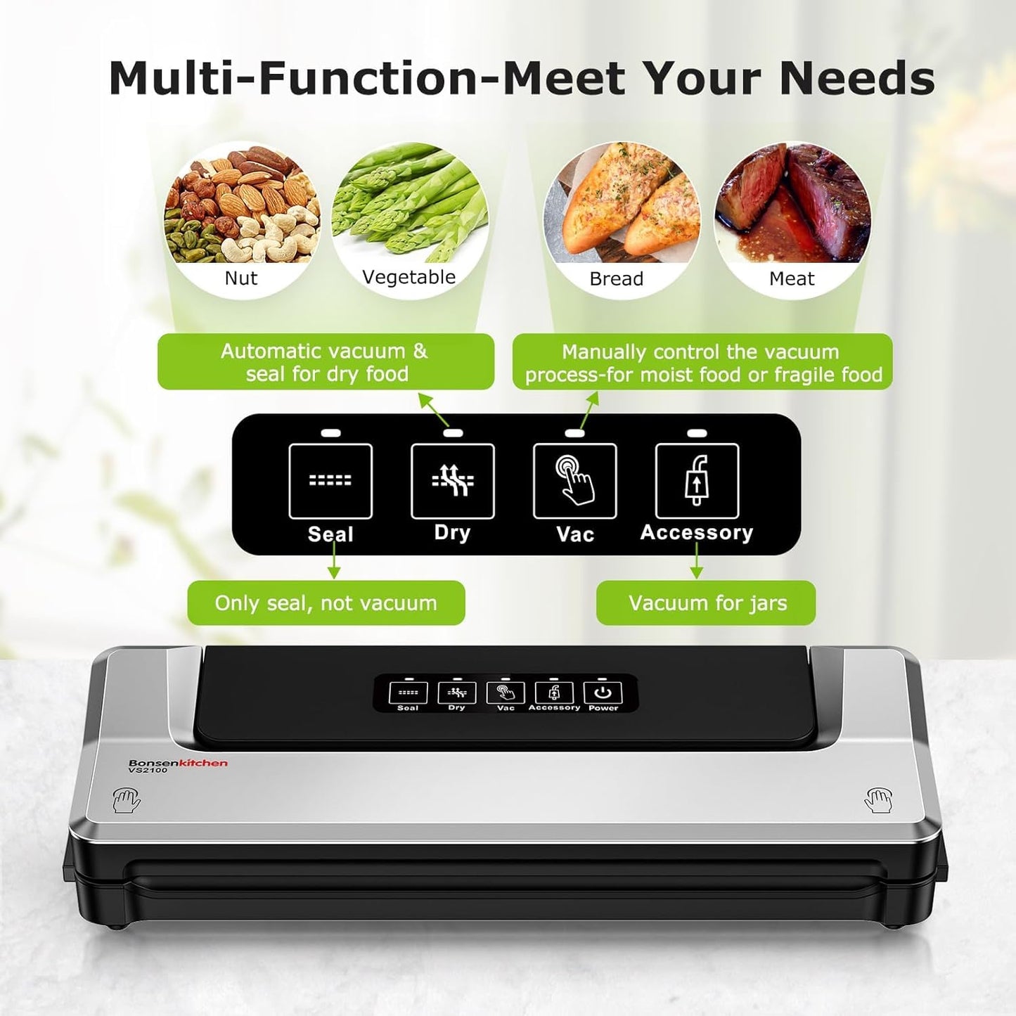 Bonsenkitchen Vacuum Sealer Machine, Fast-Compact Food Sealer, Multi-Functional Food Vacuum Sealer with 5 Vacuum Bags & Accessory Hose, Technology for High-Speed Continuous Working, Silver