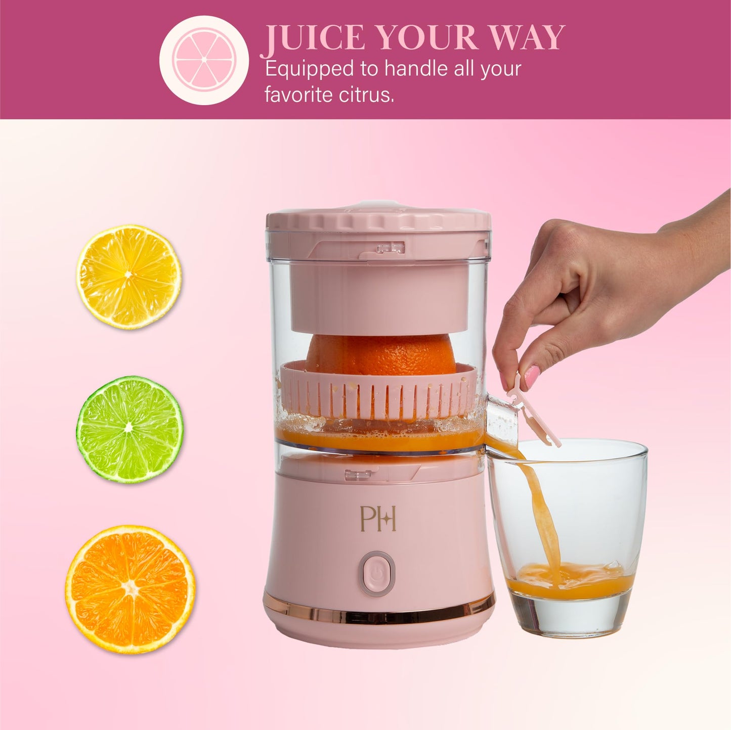 Paris Hilton Electric Citrus Juicer, Mini Portable Cordless Juicer with USB Rechargeable Base, One-Touch Button, Compact Lemon, Lime and Orange Juicer, Pink