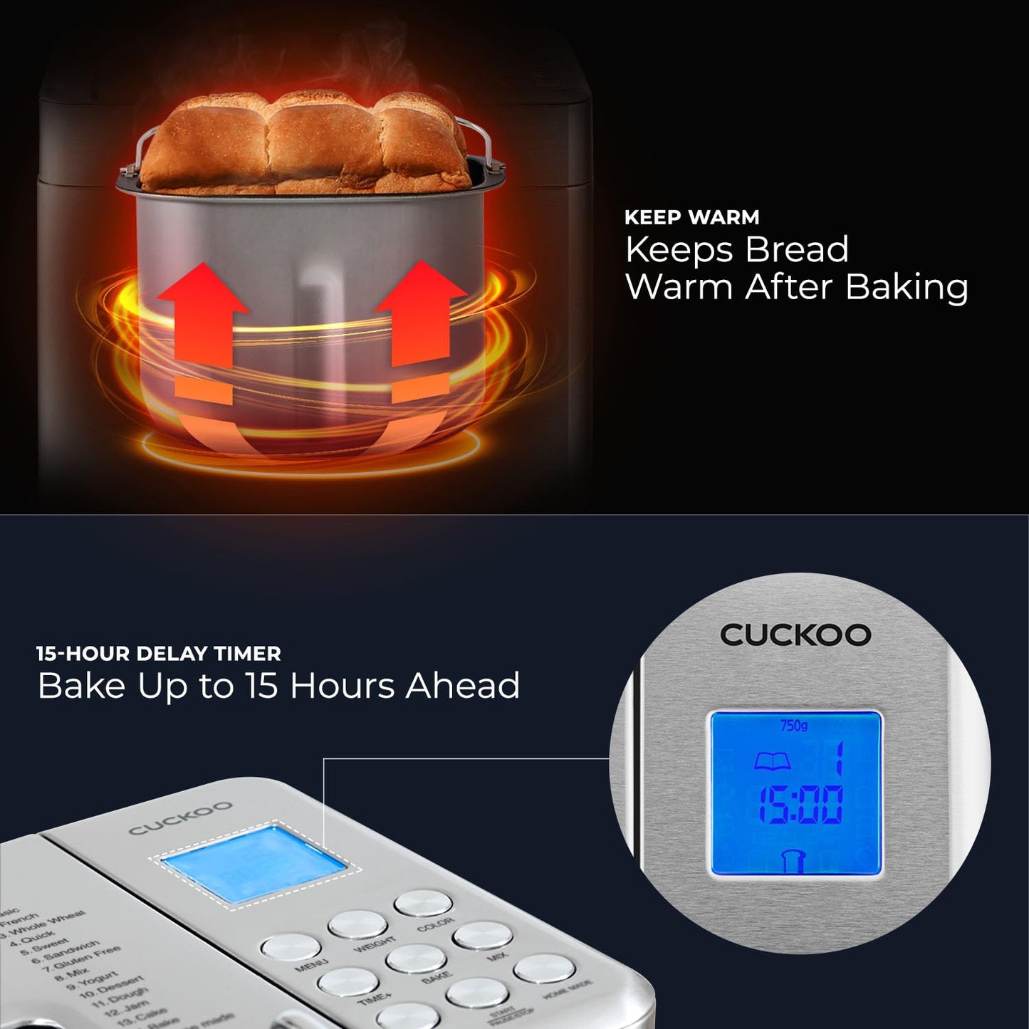 CUCKOO Bread Maker Machine with 15 Menu Options + 3 Crust Colors, 2 lbs Bread Machine with Automatic Fruit & Nut Dispenser, Includes 6 Accessories, Ideal Breadmaker for Sourdough (CBM-AAB101S)