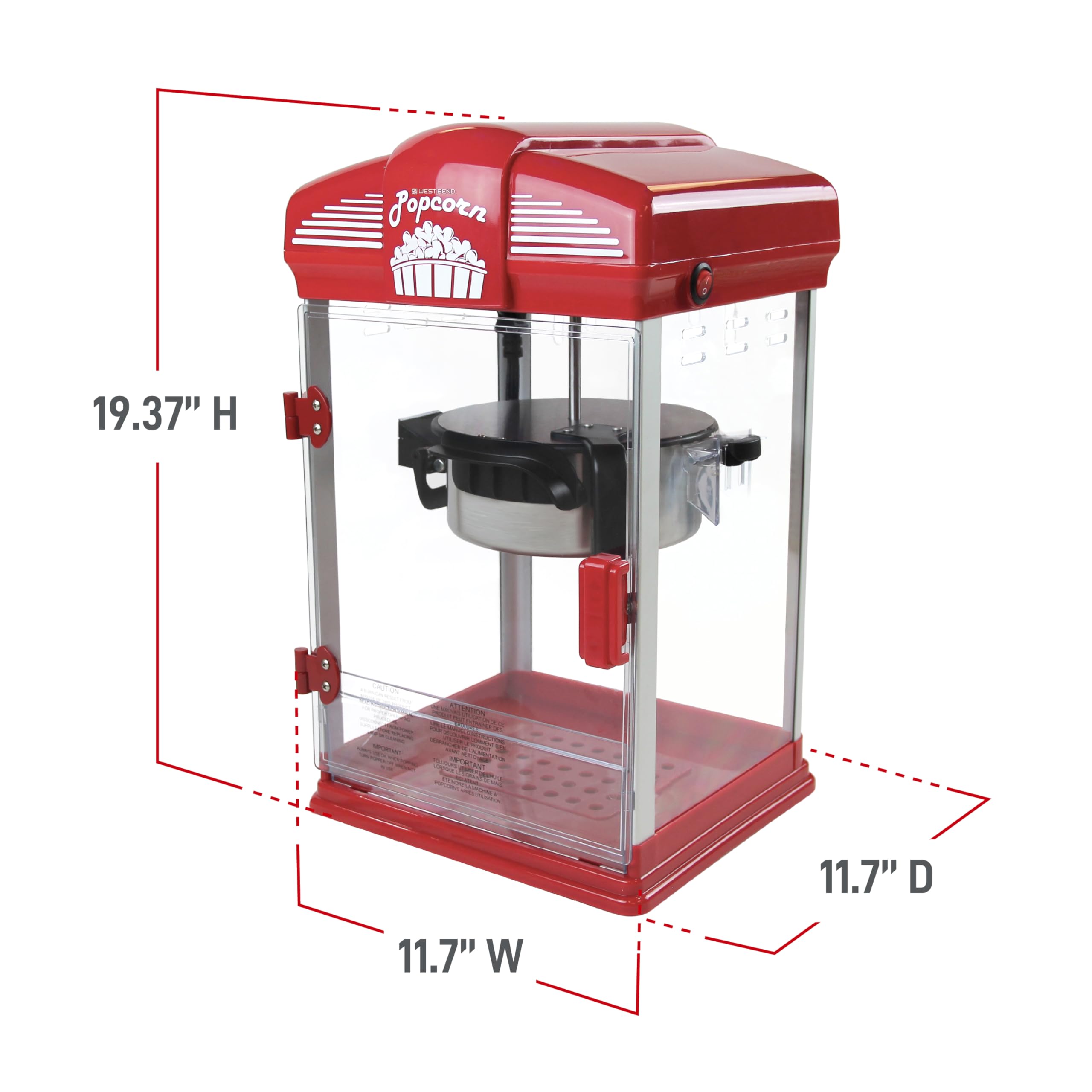 West Bend Stir Crazy Movie Theater Popcorn Popper with Nonstick Popcorn Kettle, Measuring Tool and Popcorn Scoop for Gourmet Popcorn Machine , 4 Qt., Red