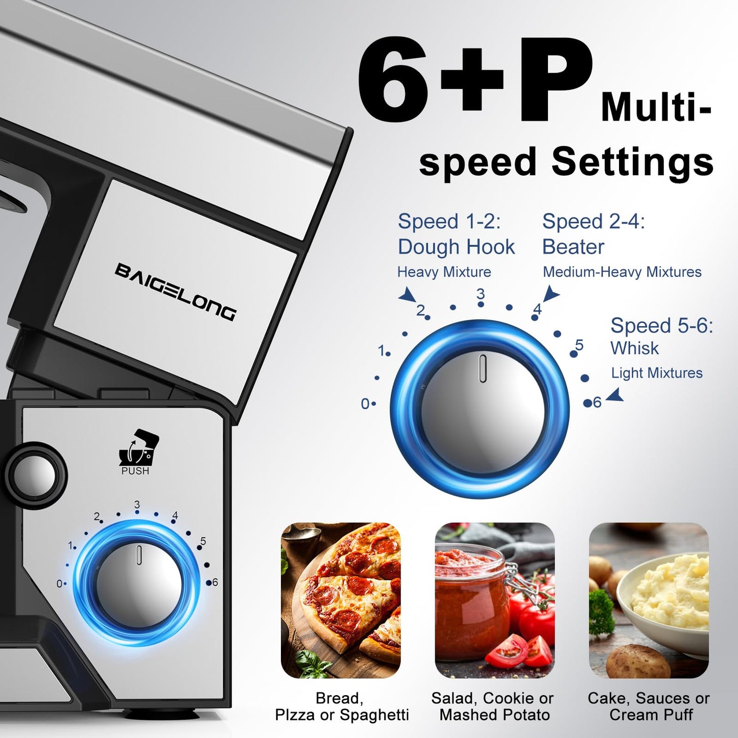 Mikser stojący BAIGELONG 6+P Speeds, 4,2 kwarty mały mikser do żywności ze stalową misą, hakiem do ciasta, trzepaczką, trzepaczką i skrobakiem, elektryczny mikser kuchenny do pieczenia ciasta, większość domowych kucharzy, srebrny